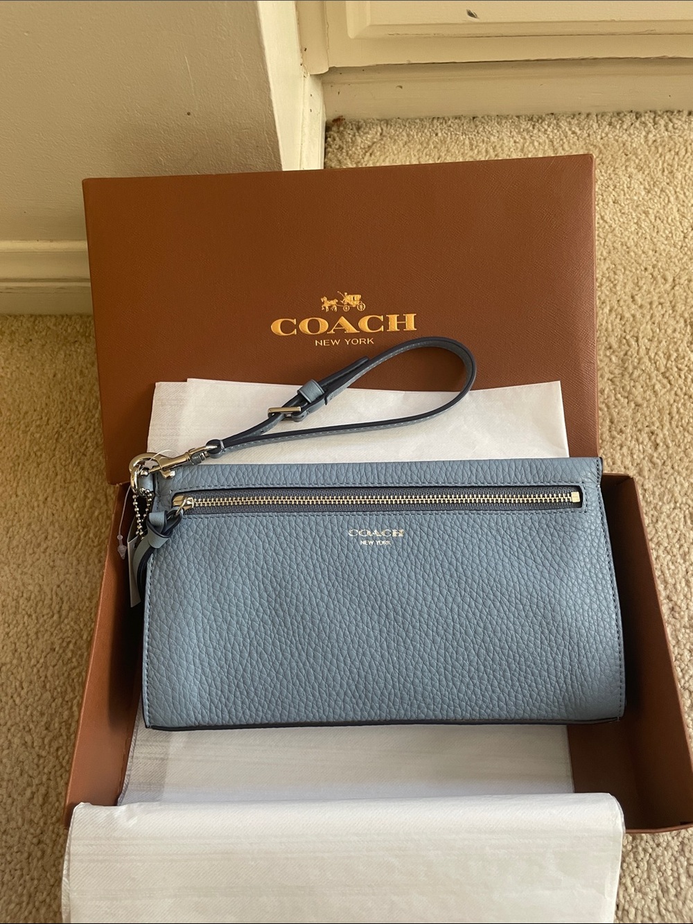 Coach Pebbled Leather Wristlet in Dusty Blue with Gold Hardware